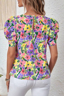 Bloemige Puff Sleeve Blouse Roze