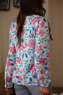 Bloemige V-hals Lange Mouwen Blouse Wit