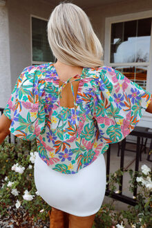 Bloemmotief Boot-hals Crop Top Wit