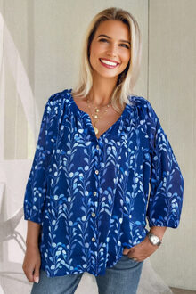 Bloemmotief Knopen Blouse Donkerblauw
