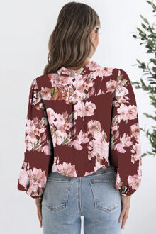 Bloemmotief Lange Mouwen Blouse Donkerrood