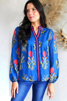 Bloemmotief Lange Mouwen Blouse Middelblauw