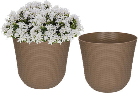 Bloempot - 2x - taupe - D25 x H23 cm - rotan kunststof - plantenpot