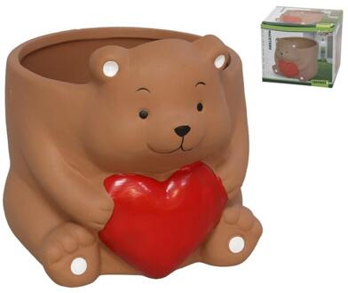 Bloempot Beer met hart. 12x14,5x12cm bruin