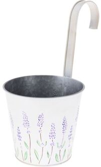 Bloempot/plantenbak zink met ophanghaak creme wit met lavendel 14 x 13 x 26 cm - Plantenpotten Crème