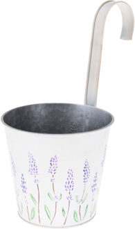 Bloempot/plantenbak zink met ophanghaak creme wit met lavendel 14 x 13 x 26 cm