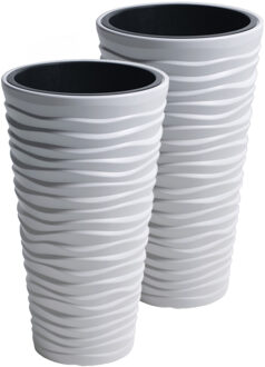 Bloempot/plantenpot Sand - 2x - kunststof - met binnenpot - wit - D39 x H75 cm - voor binnen/buiten