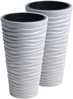Bloempot/plantenpot Sand - 2x stuks - kunststof - met binnenpot - wit - D30 x H52 cm - voor binnen/b