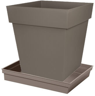 Bloempot Toscane vierkant kunststof taupe L39 x B39 x H39 cm inclusief onderschaal L33 x B33 x H5 cm - Plantenpotten