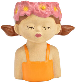 Bloempot/vaas vrouwenhoofd - bloemenmeisje - geel - keramiek - 11 x 12 x 7 cm