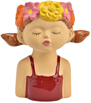 Bloempot/vaas vrouwenhoofd - bloemenmeisje - rood - keramiek - 15 x 16 x 9 cm