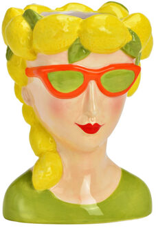 Bloempot/vaas vrouwenhoofd - citroenen meisje - geel - keramiek - 12 x 17 cm