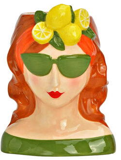 Bloempot/vaas vrouwenhoofd - citroenen meisje - groen - keramiek - 14 x 19 x 12 cm