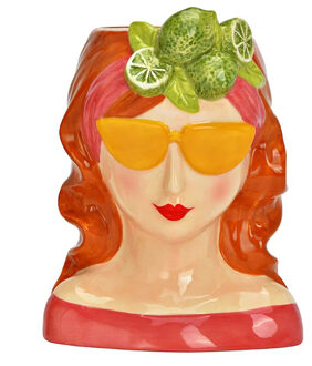 Bloempot/vaas vrouwenhoofd - limoen meisje - roze - keramiek - 14 x 19 x 12 cm