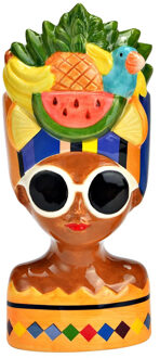 Bloempot/vaas vrouwenhoofd - tropische dame met fruit - keramiek - 10 x 20 cm - hoofddoek