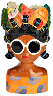 Bloempot/vaas vrouwenhoofd - tropische dame met fruit - keramiek - 10 x 20 cm - knotjes