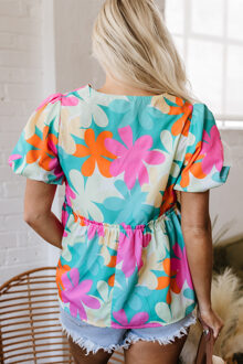 Bloemprint Top met Gerimpelde Taille Turquoise