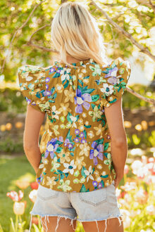 Bloemrijke Ruffle Mouw Top Bruin