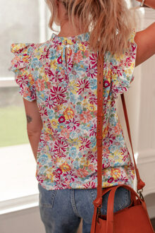 Bloemrijke Ruffle Mouwen Blouse Crème