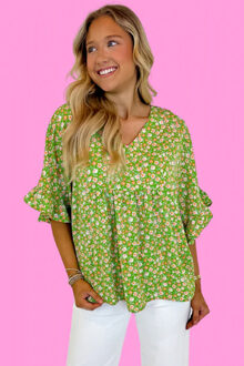 Bloemrijke V-hals Blouse met Flutter Mouwen Groen