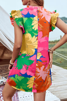 Bloemrijke Volant Mouw Jurk Stoffig Roze