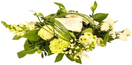 Bloemstuk ovaal wit + bloemetjes chocolade