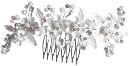 Bloemvorm Haar Kam Parel Haarspelden Bruiloft Tiara Strass Haar Clips Elegante Hoofdtooi Legering Hoofddeksels voor Vrouwen Bruid zilver