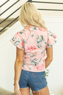 Bloemvormige Geplooide Korte Mouw Blouse Roze