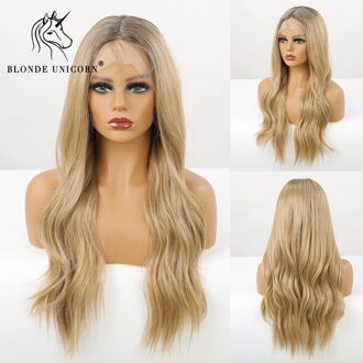Blonde Eenhoorn Lange Golvende Synthetische Lace Deel Haar Pruiken Donkere Wortel Ombre Blonde Voor Zwart Wit Vrouwen Hittebestendige Dagelijks gebruik BL66022