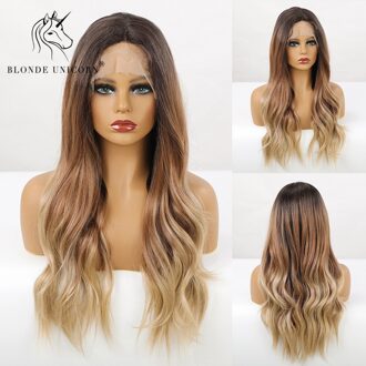 Blonde Eenhoorn Lange Golvende Synthetische Lace Deel Haar Pruiken Donkere Wortel Ombre Blonde Voor Zwart Wit Vrouwen Hittebestendige Dagelijks gebruik BL66032