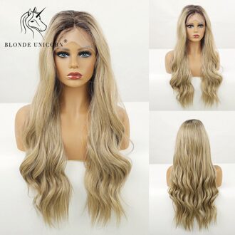 Blonde Eenhoorn Lange Golvende Synthetische Lace Deel Haar Pruiken Donkere Wortel Ombre Blonde Voor Zwart Wit Vrouwen Hittebestendige Dagelijks gebruik BL66033