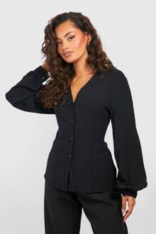 Blouse Met Gehammde Volumemouwen En Aansluitend Lijfje, Black - 38