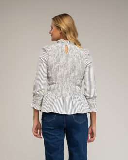 Blouse met lange mouwen, gestreept met honingraatborduursel op de borst en manchetten. - maat Navy