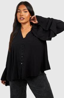 Blouse Met Plusknopdetail, Diepe V-Hals En Uitlopende Mouwen, Black - 44