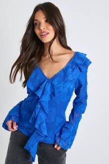 Blouse Met Ruches En Lange Mouwen, Cobalt - 34