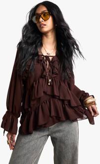 Blouse Met Ruches En Veter Aan De Voorkant, Chocolate - 34