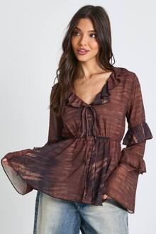 Blouse Met Slangenprint, Chiffon, Ruches En Een Ingesnoerde Taille, Brown - 38