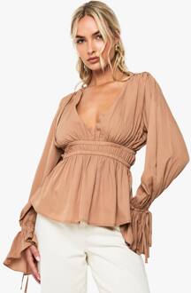 Blouse Met Tie Cuff En Peplum, Mocha - 38