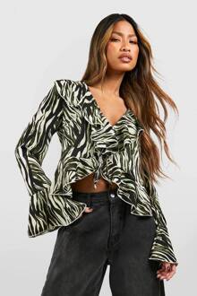 Blouse Met Zebra-Print En Ruches, Green - 34