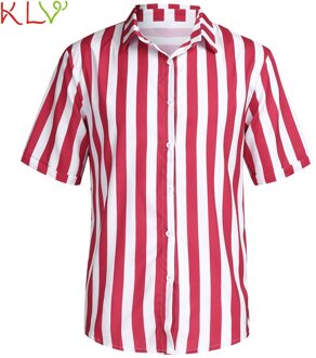 Blouse Shirt Mannen Zomer Rode Gestreepte Hawaiian Korte Mouwen Retro Casual Shirt Off Wit Harajuku Top Homme Jogging Kleding 19May rood / L