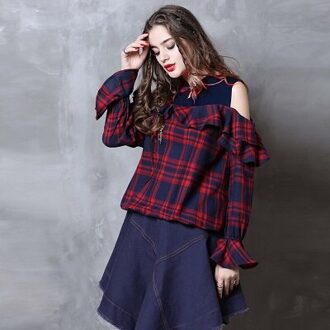 Blouse Vrouwen Yuzi. kan Boho Katoen Vrouwen Blouses Stand Kraag Flare Mouwen Off Shoulder Top Shirt Vrouwen B9265 Blusa