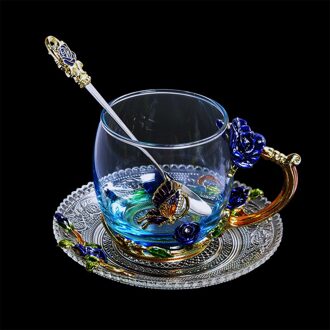 Blue Rose Emaille Crystal Cup Bloem Thee Glas Hoogwaardige Glas Cup Bloem Mok Met Handgreep Perfect Voor minnaar Bruiloft 4