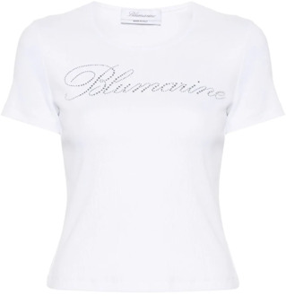 Blumarine Rhinestone Logo Crew Neck T-shirt Blumarine , White , Dames - M,S,Xs