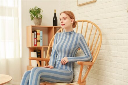 Body Shaping Dames Thermisch Ondergoed Elegante Gestreepte Kraag Warm Ondergoed Constante Warme Lichaam Thermisch Ondergoed lucht blauw