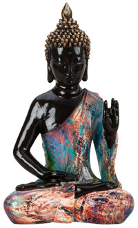 Boeddha beeld Colorfull - binnen/buiten - kunststeen - zwart/kleurenmix - 18 x 31 cm