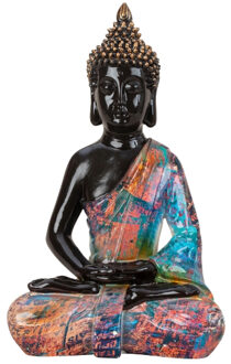 Boeddha beeld Colorfull - binnen/buiten - kunststeen - zwart/kleurenmix - 25 x 39 cm