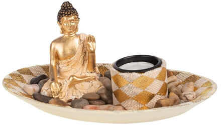 Boeddha beeld - goud - polystone - 27 x 17 x 12 cm - waxinelichthouder