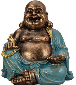 Boeddha beeld Happy Shaman - binnen/buiten - kunststeen - goud/jade - 22 x 23 cm