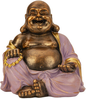 Boeddha beeld Happy Shaman - kunststeen - goud/lila - 22 x 23 cm
