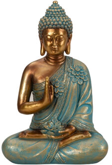 Boeddha beeld Shaman - binnen/buiten - kunststeen - goud/jade - 21 x 31 cm